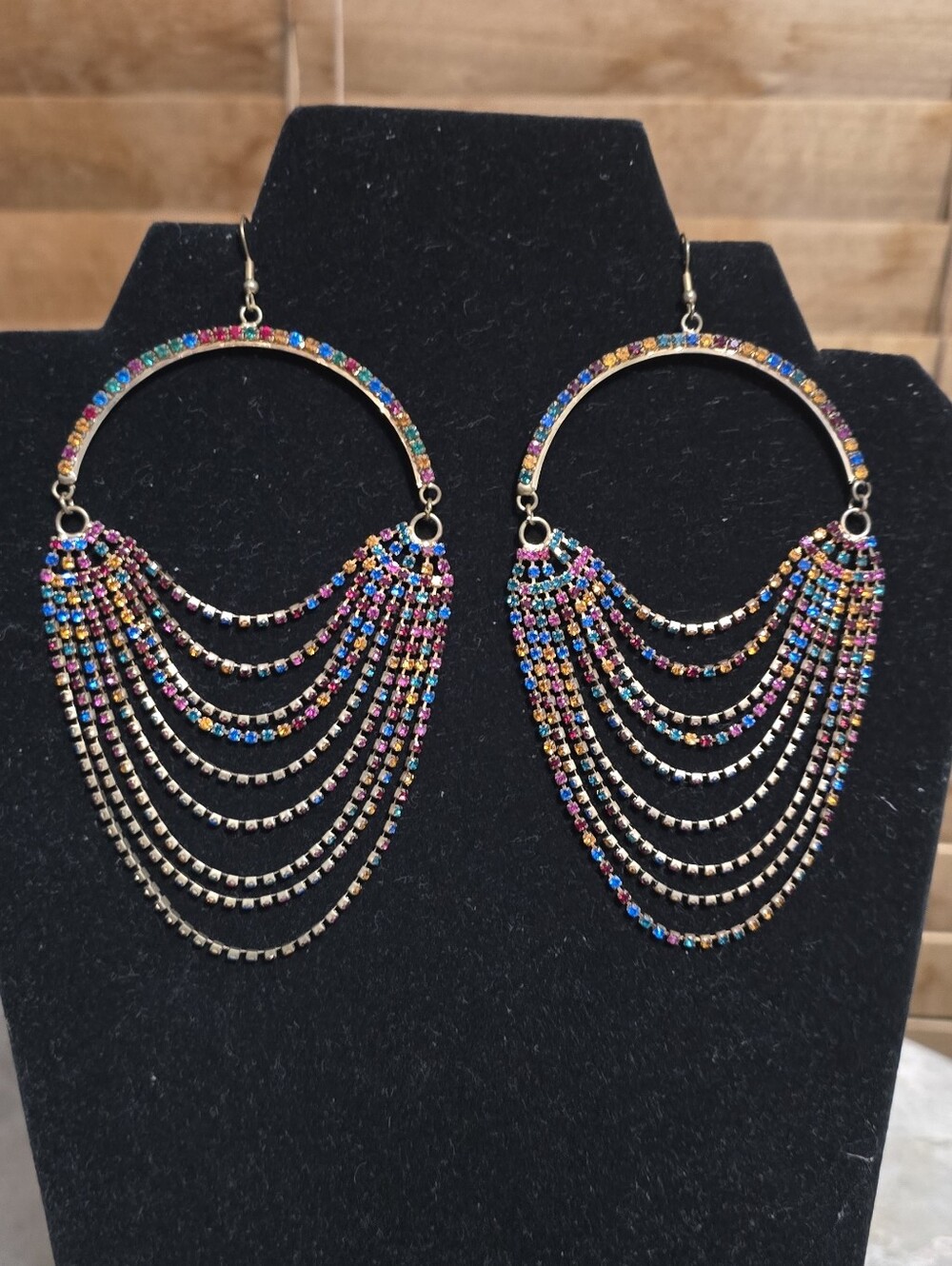 Multi-Color Glass Rhinestone Draped Chandelier Hoop Earrings - Picture 3 of 6